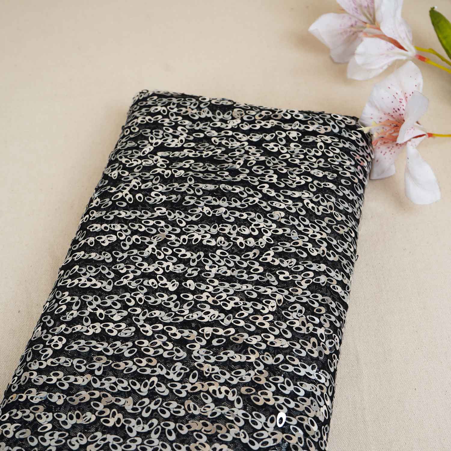 Black & Silver Sequence Embroidery Net Fabric - TradeUNO