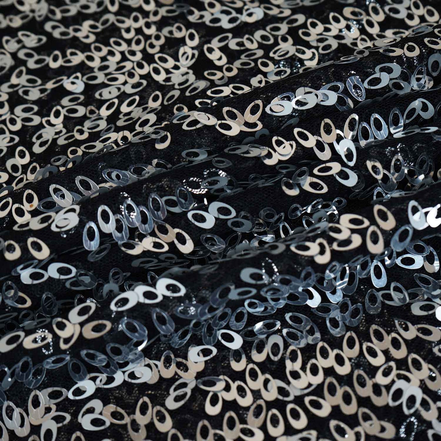 Black & Silver Sequence Embroidery Net Fabric