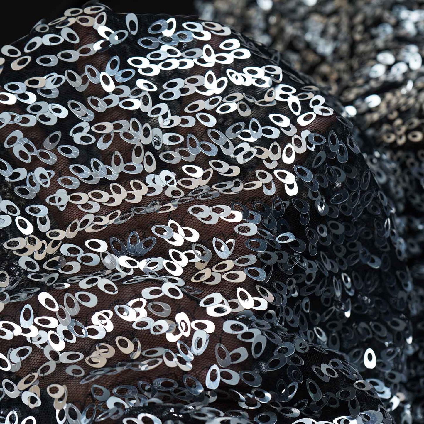 Black & Silver Sequence Embroidery Net Fabric