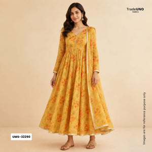 Yellow Floral Thread Embroidery Chanderi Fabric UMS-32290 - TradeUNO