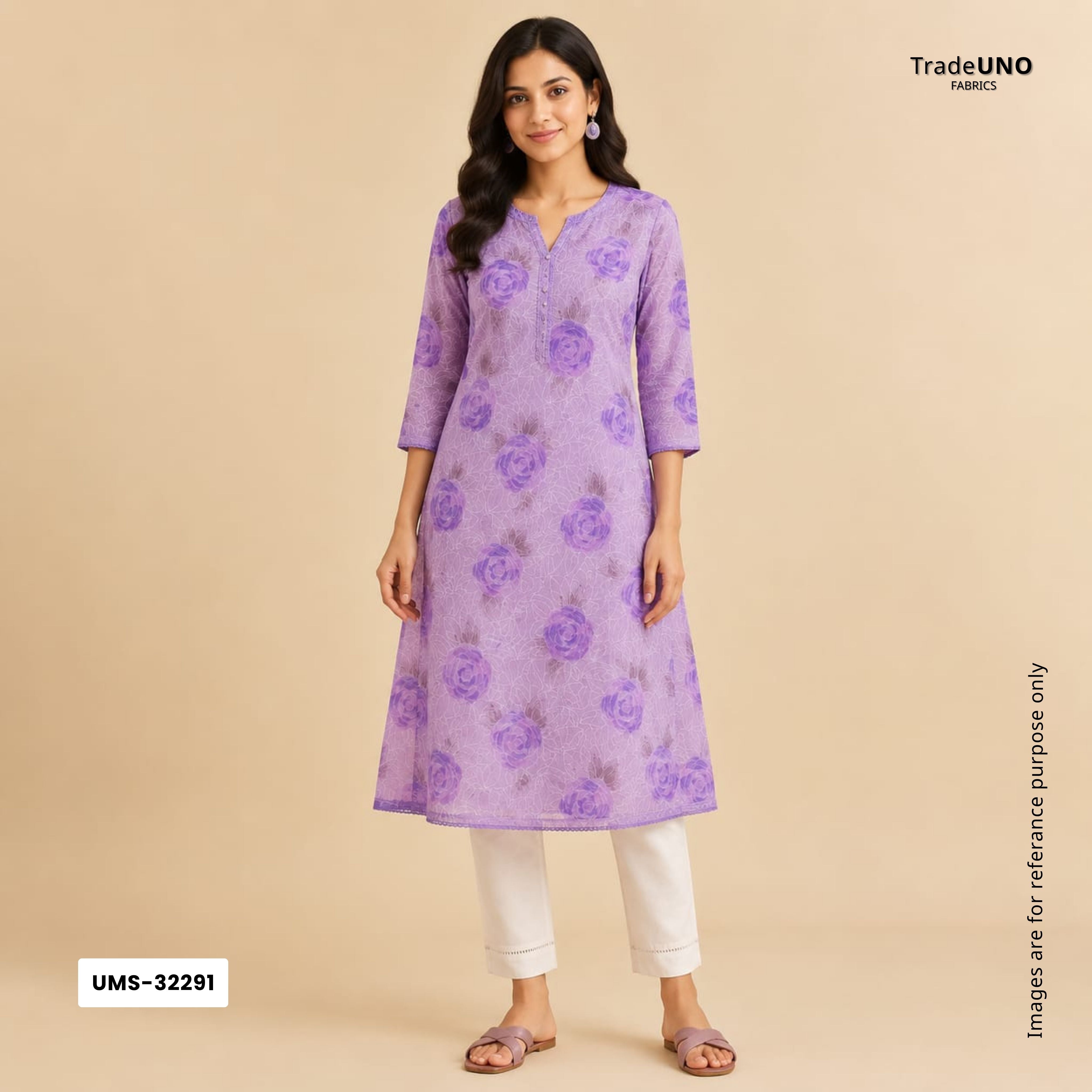 Lavender Floral Thread Embroidery Chanderi Fabric UMS-32291 - TradeUNO