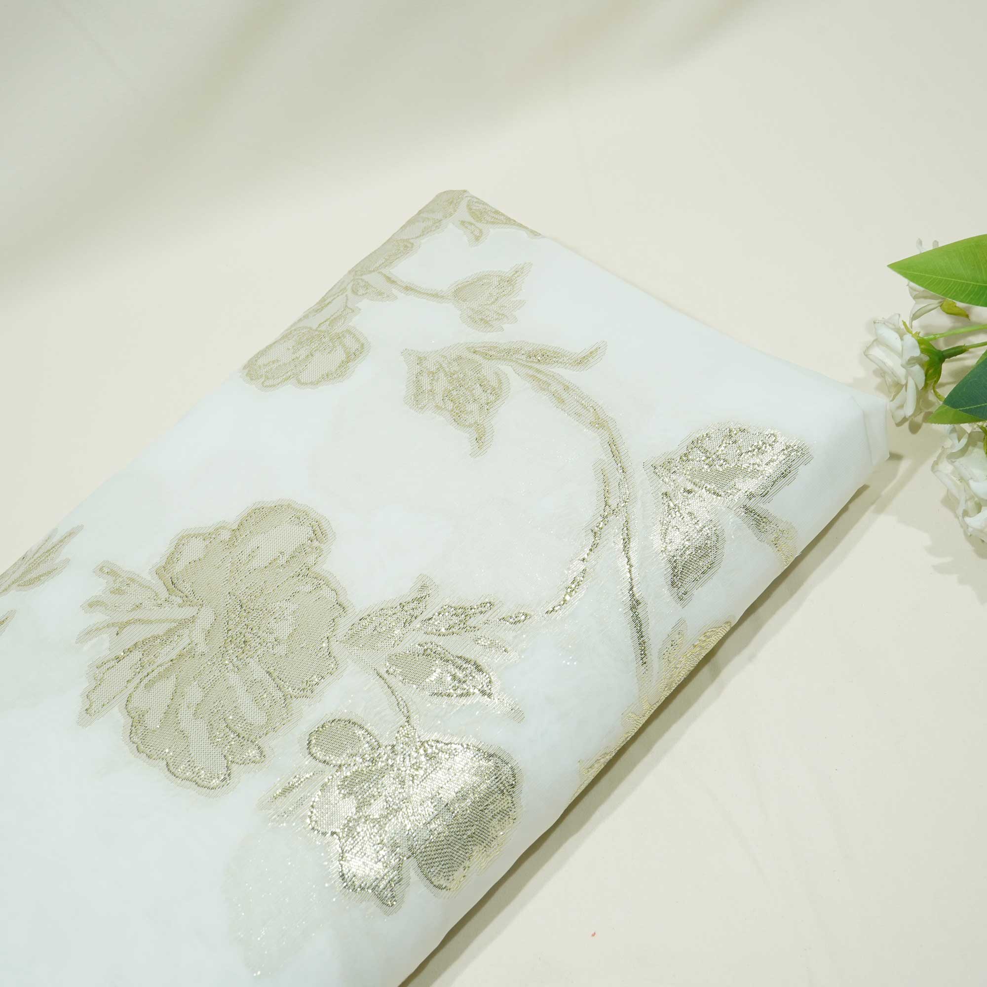 White & Golden Floral With Lurex Organza Jacquard OE-12415  