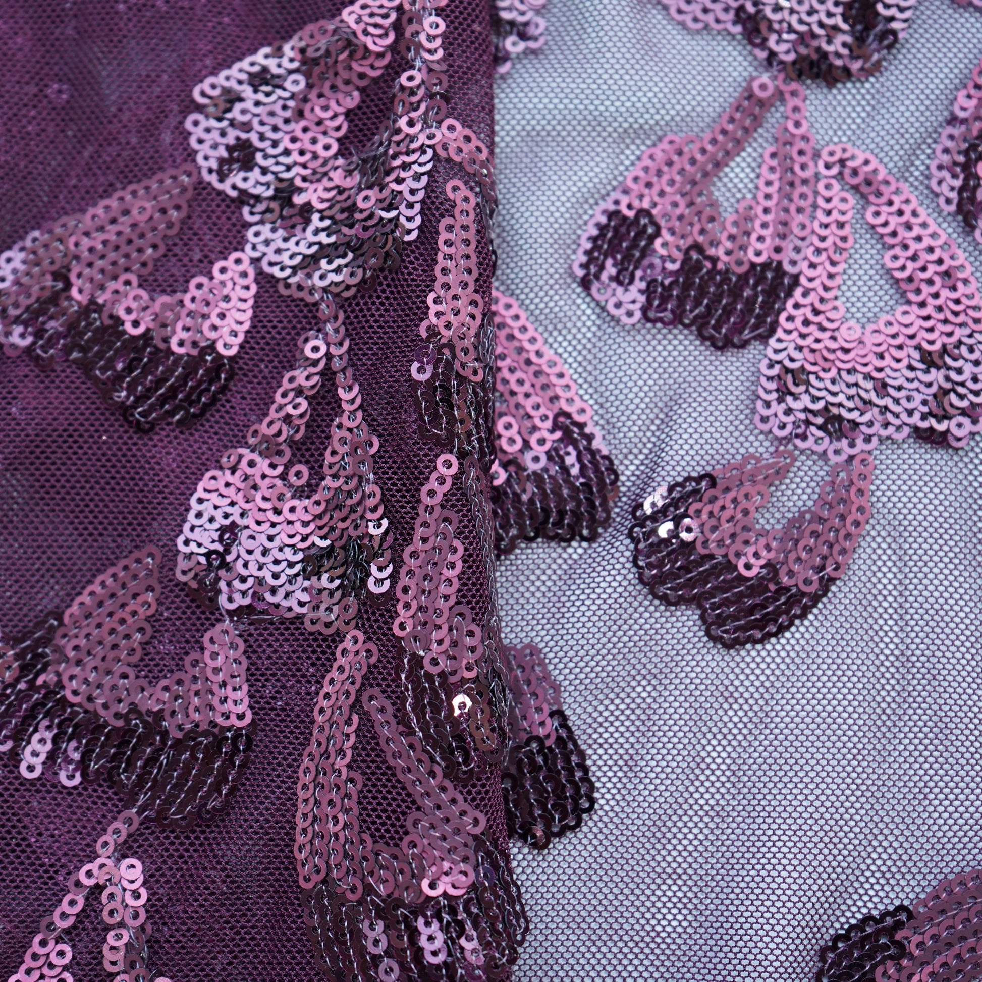 Wine Floral Imported Sequence Embroidery Net Fabric