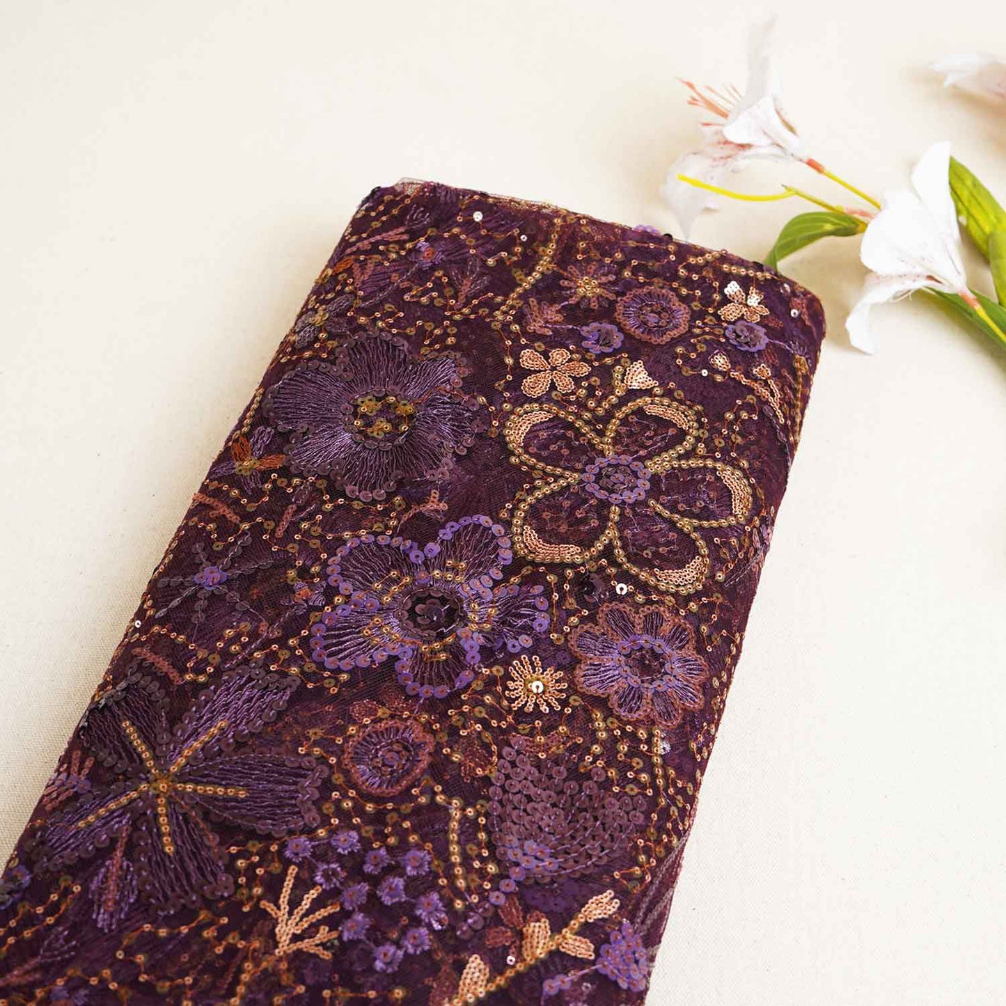 Purple & Golden Imported Sequins Embroidery Net Fabric