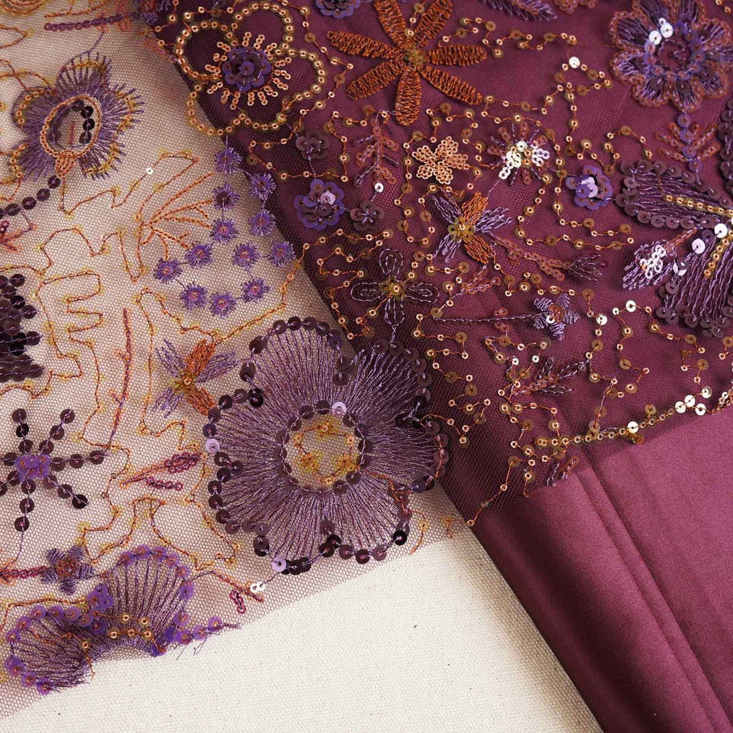 Purple & Golden Imported Sequins Embroidery Net Fabric
