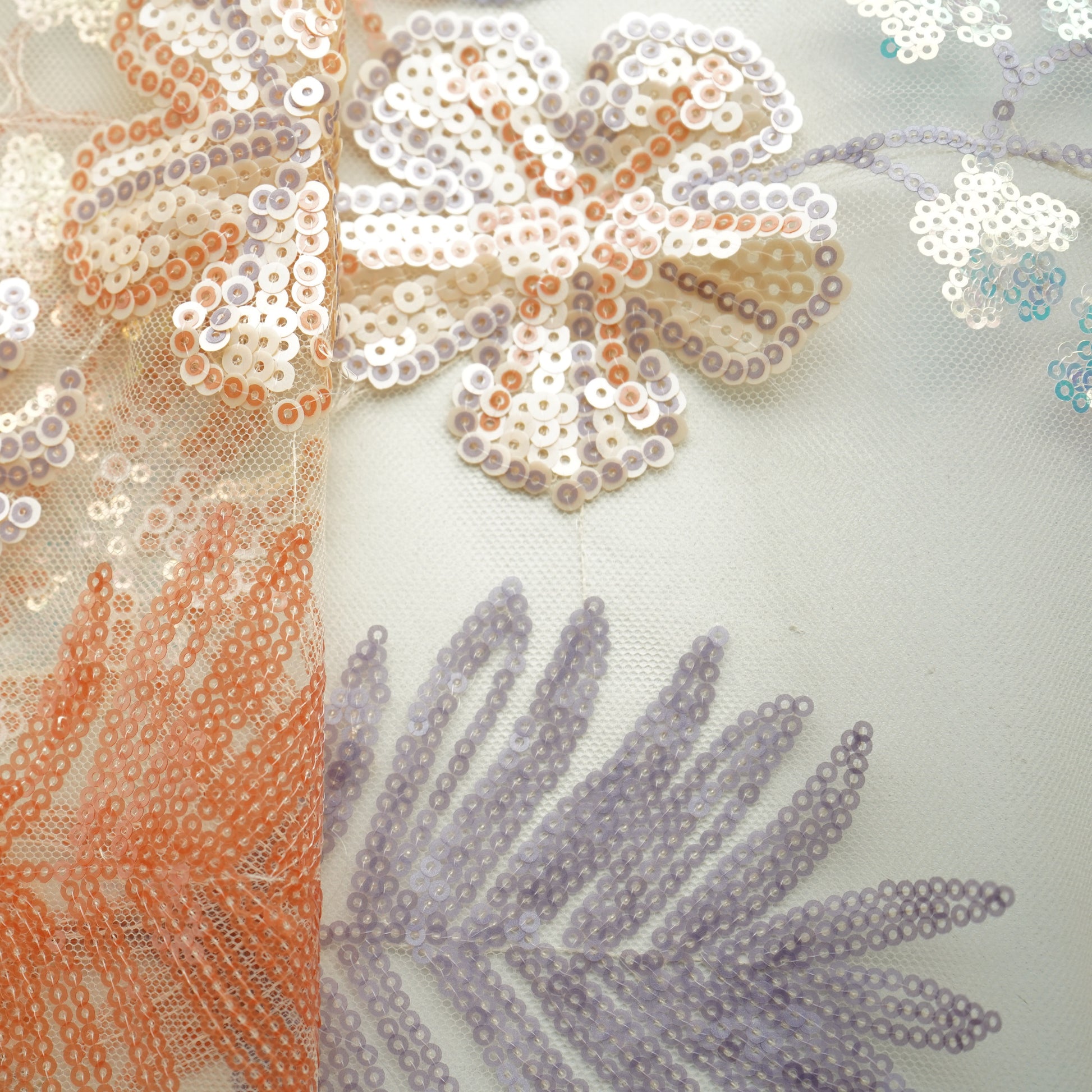 Cream & Orange Floral Imported Sequence Embroidery Net Fabric