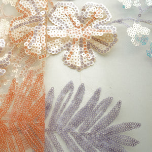 Cream & Orange Floral Imported Sequence Embroidery Net Fabric