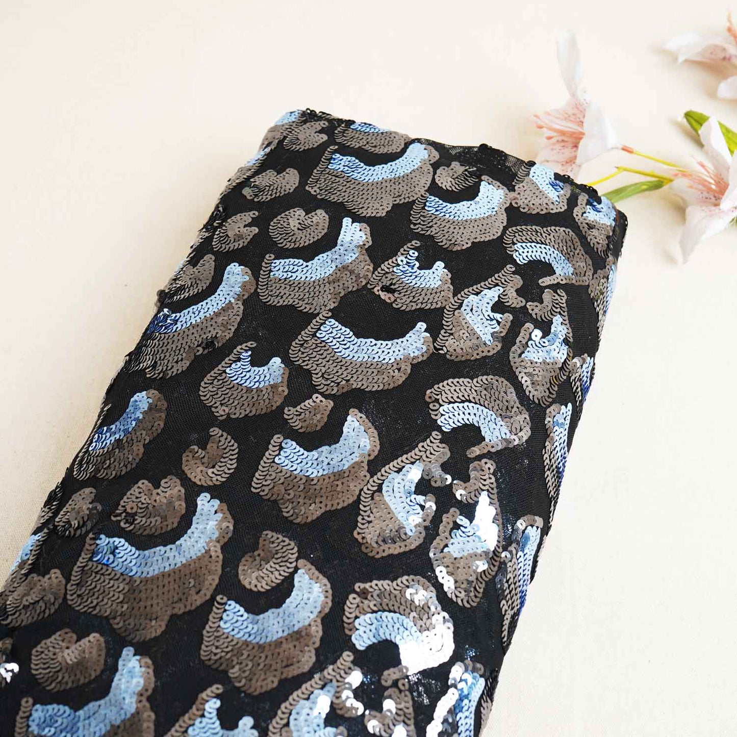 Black & Sky Blue Imported Sequins Embroidery Power Net Fabric