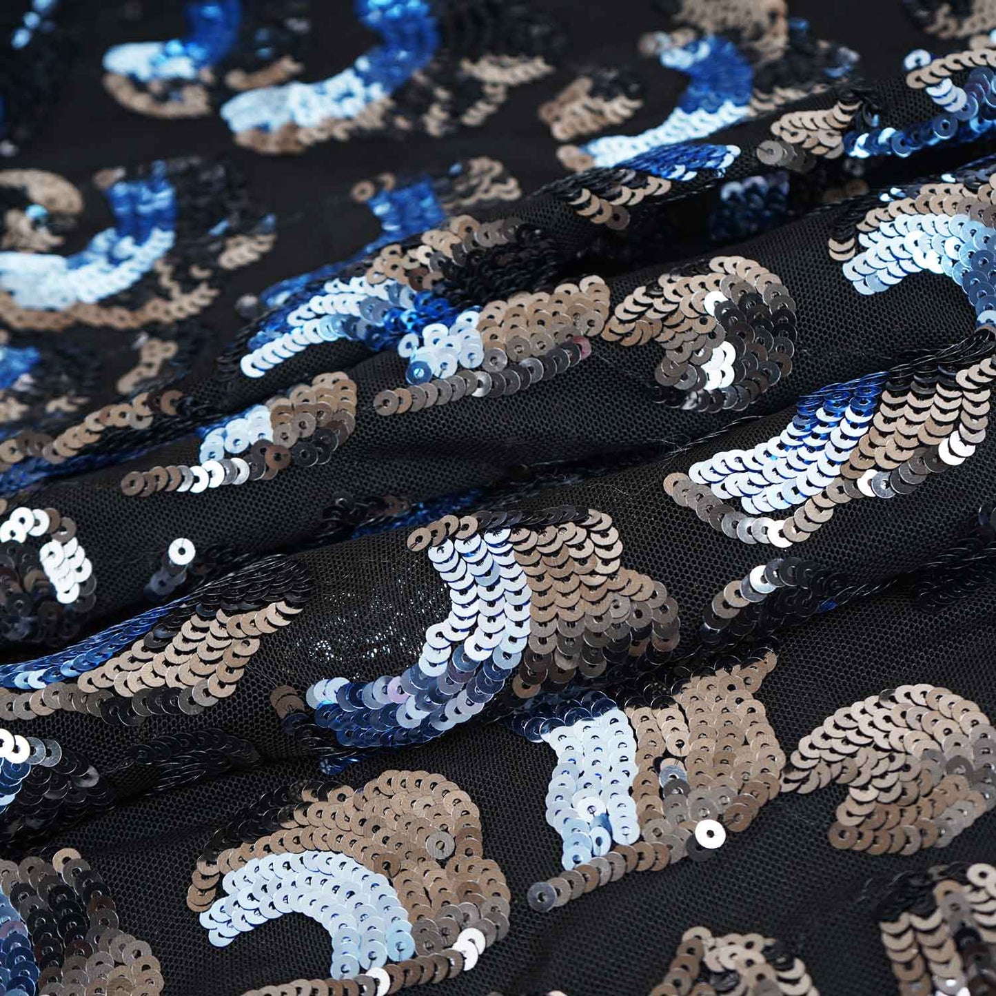 Black & Sky Blue Imported Sequins Embroidery Power Net Fabric