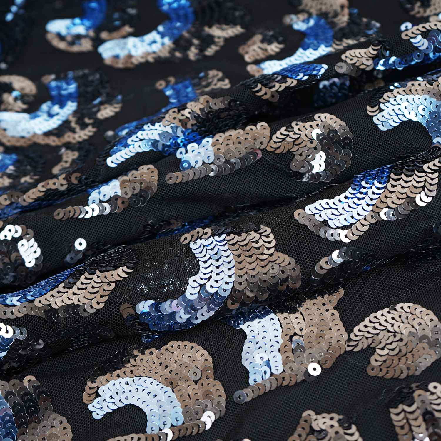 Black & Sky Blue Imported Sequins Embroidery Power Net Fabric - TradeUNO