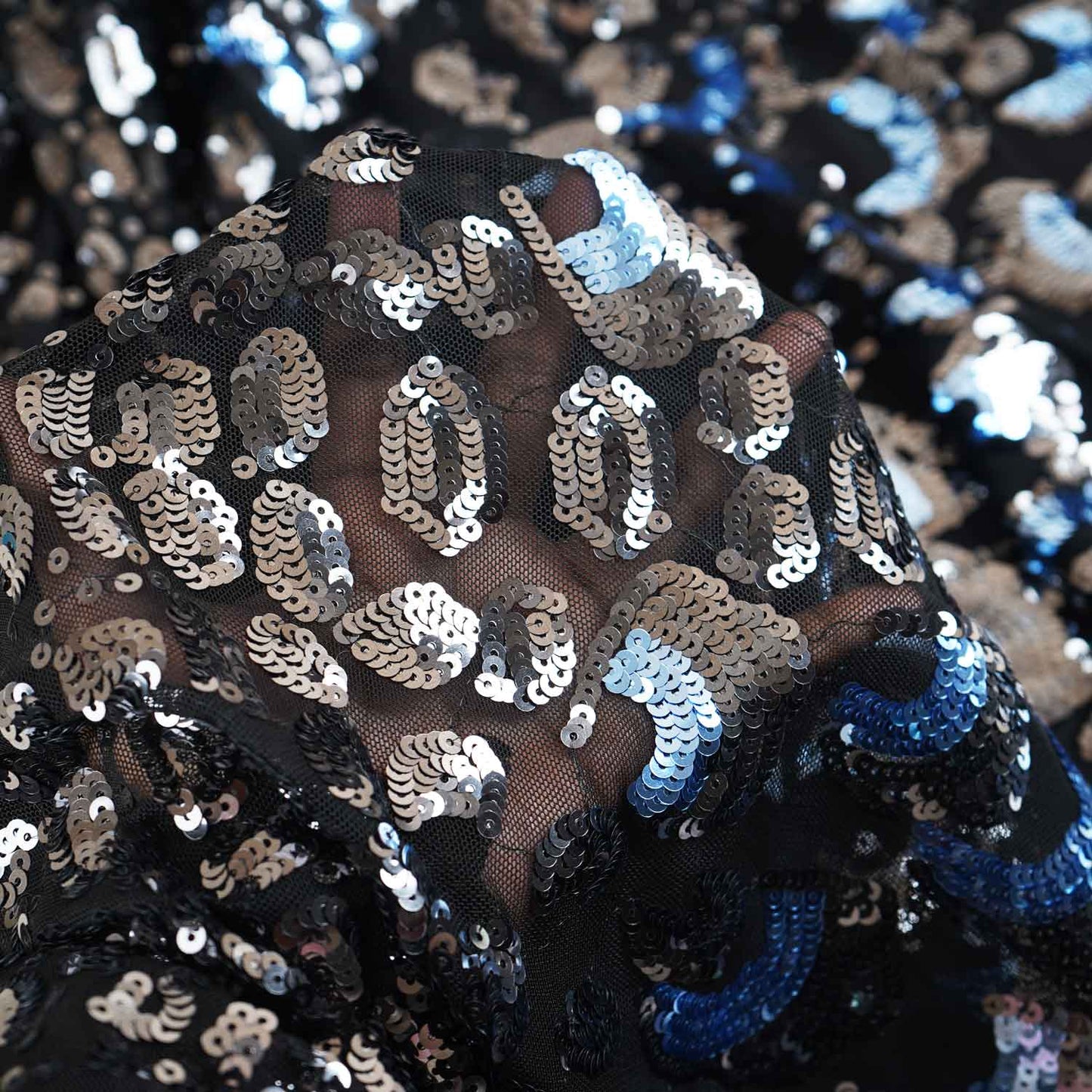 Black & Sky Blue Imported Sequins Embroidery Power Net Fabric