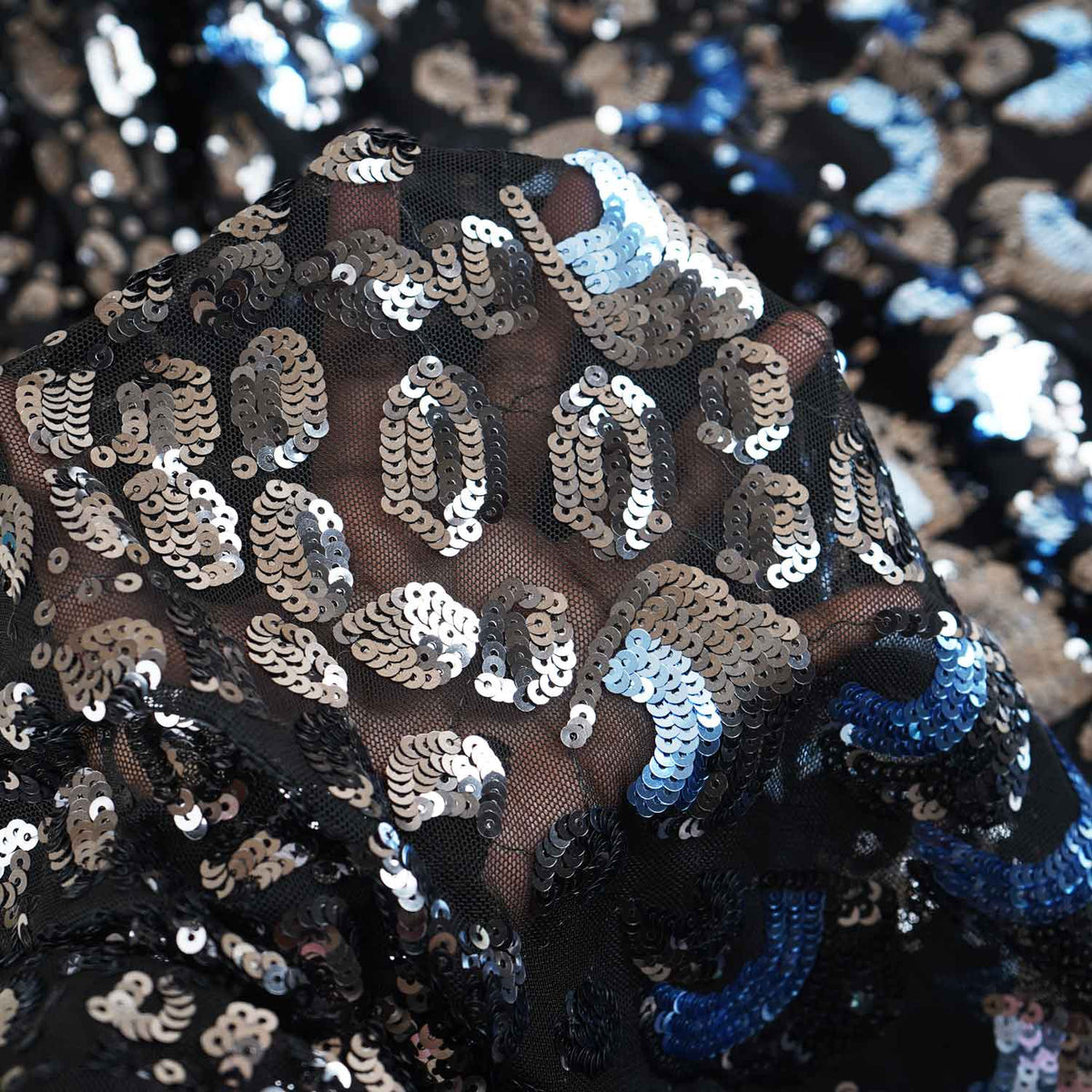 Black & Sky Blue Imported Sequins Embroidery Power Net Fabric - TradeUNO