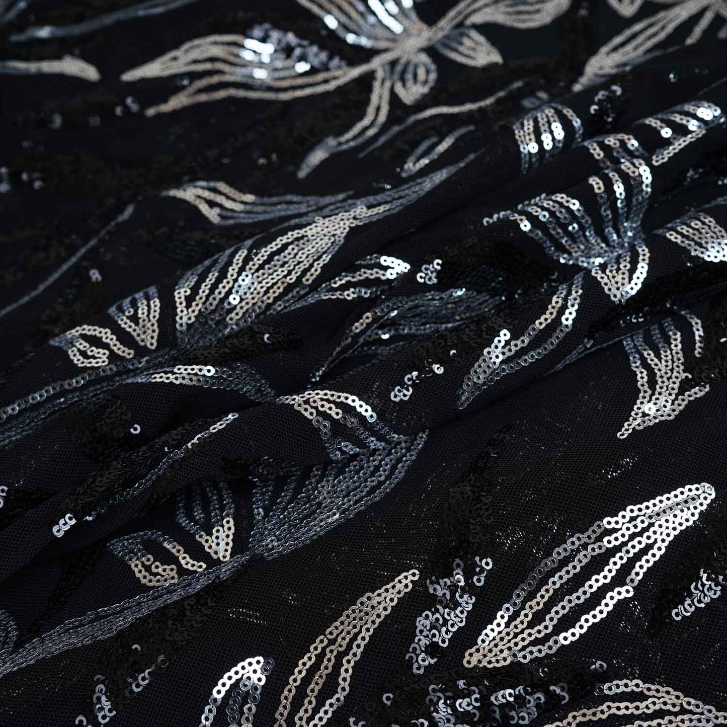 Black & Silver Imported Sequence Embroidery Net CF-12474
