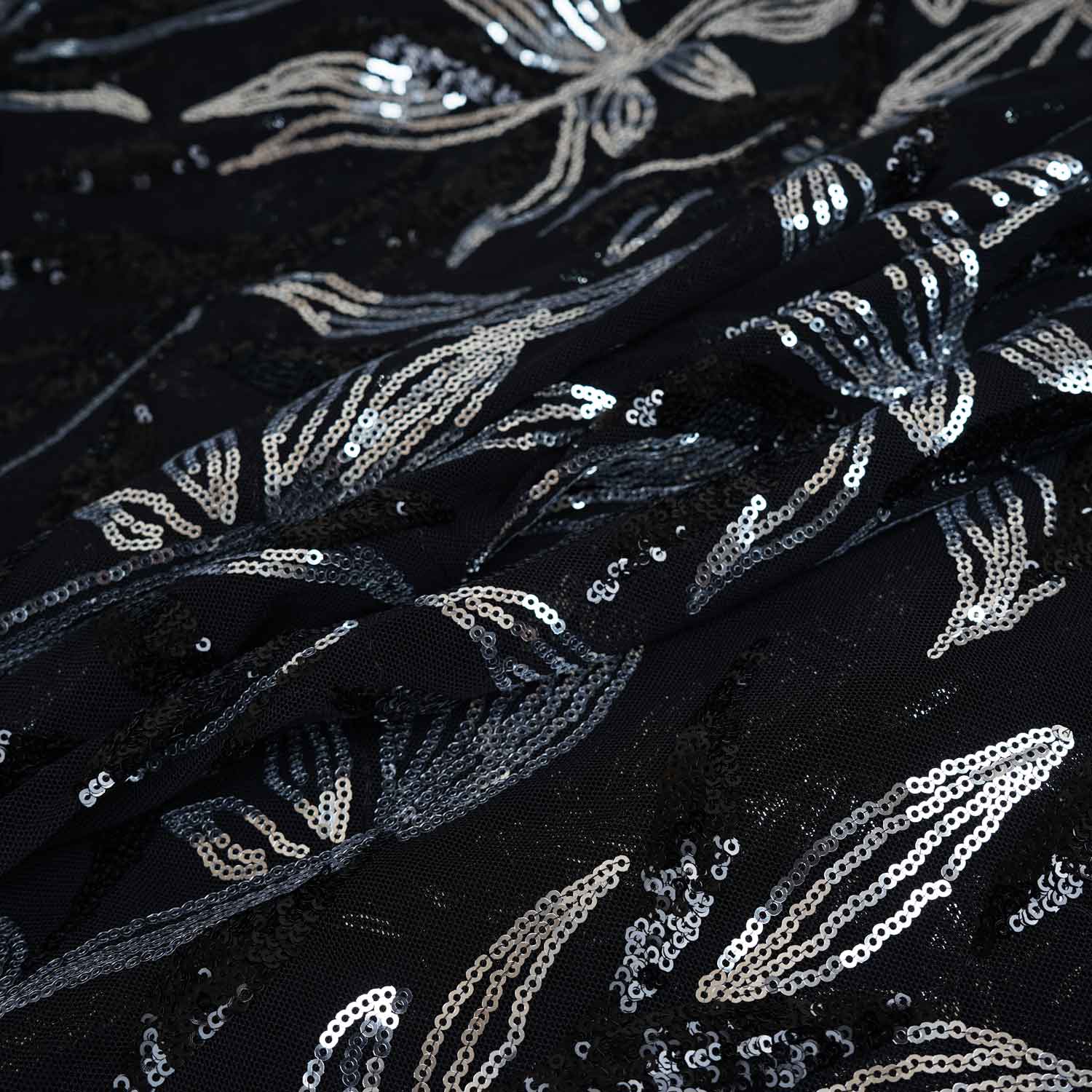 Black & Silver Imported Sequence Embroidery Net CF-12474 - TradeUNO