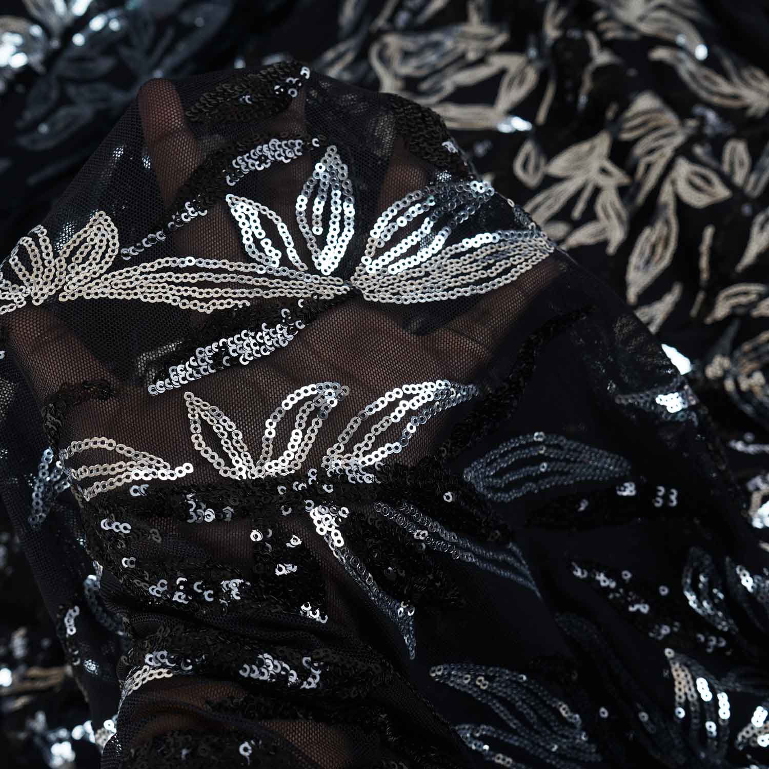 Black & Silver Imported Sequence Embroidery Net CF-12474 - TradeUNO