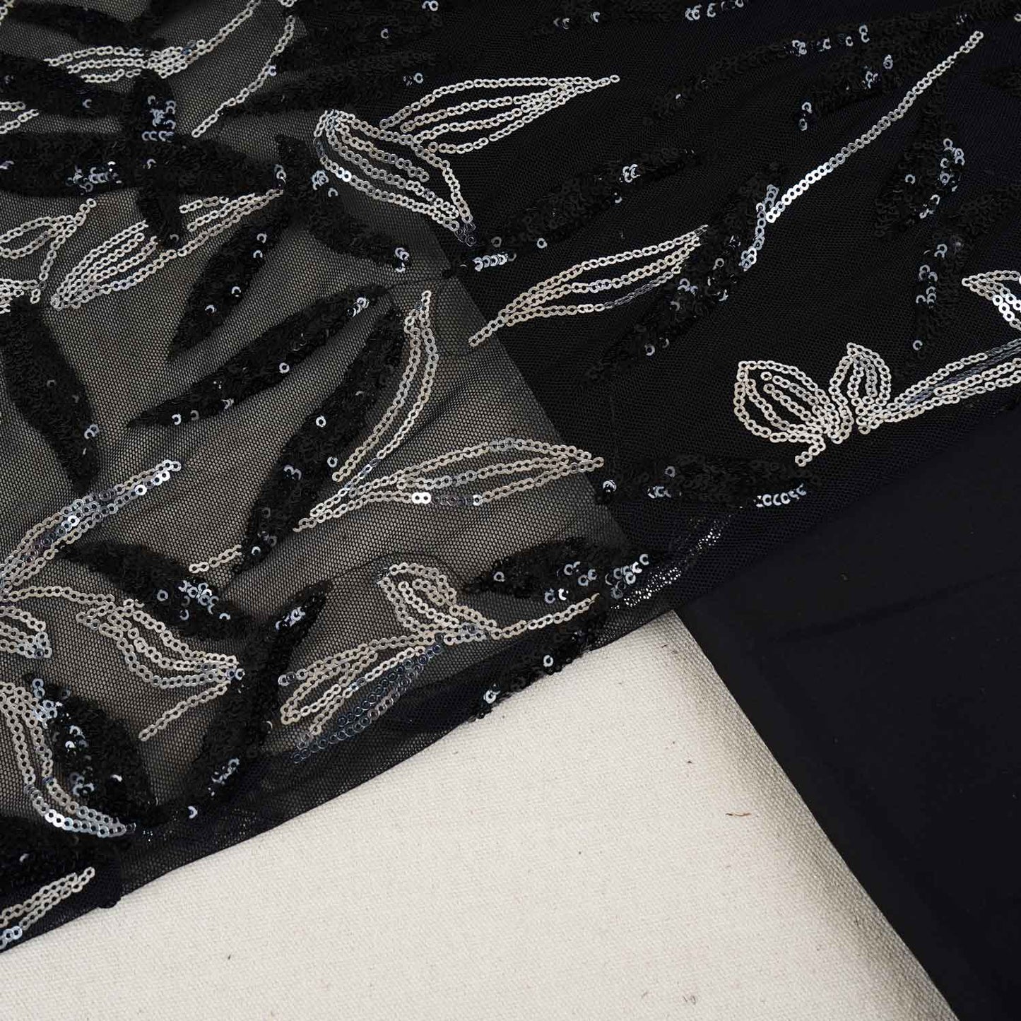 Black & Silver Imported Sequence Embroidery Net CF-12474