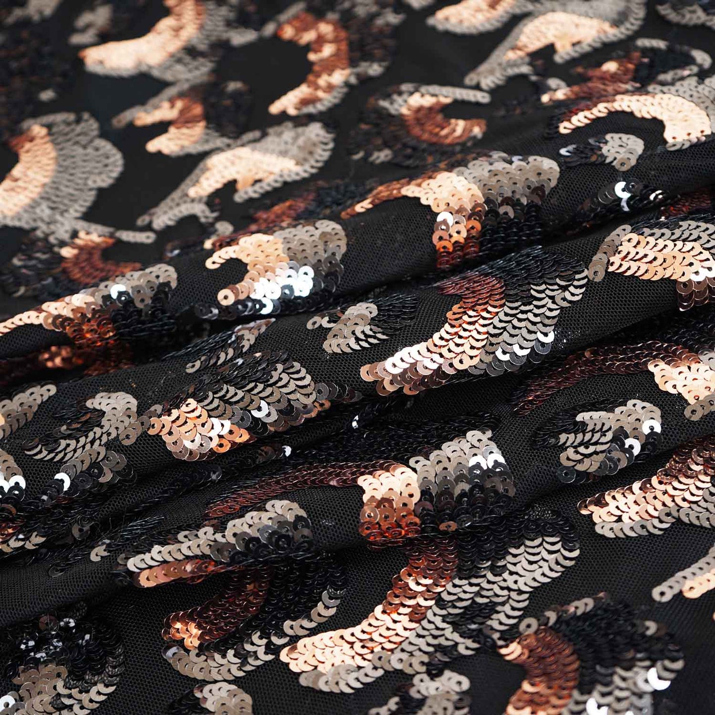 Black & Peach Pink Imported Sequins Embroidery Net Fabric