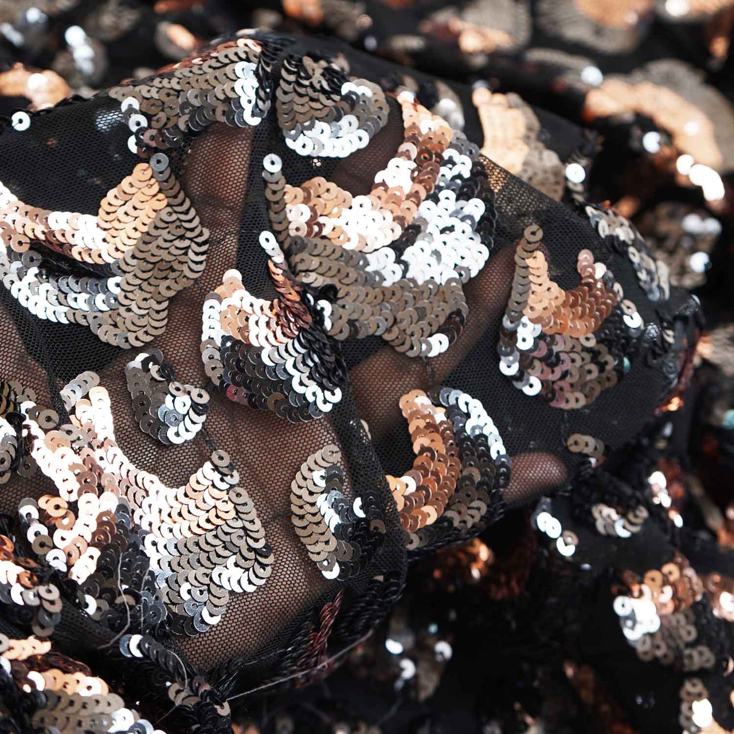 Black & Peach Pink Imported Sequins Embroidery Net Fabric