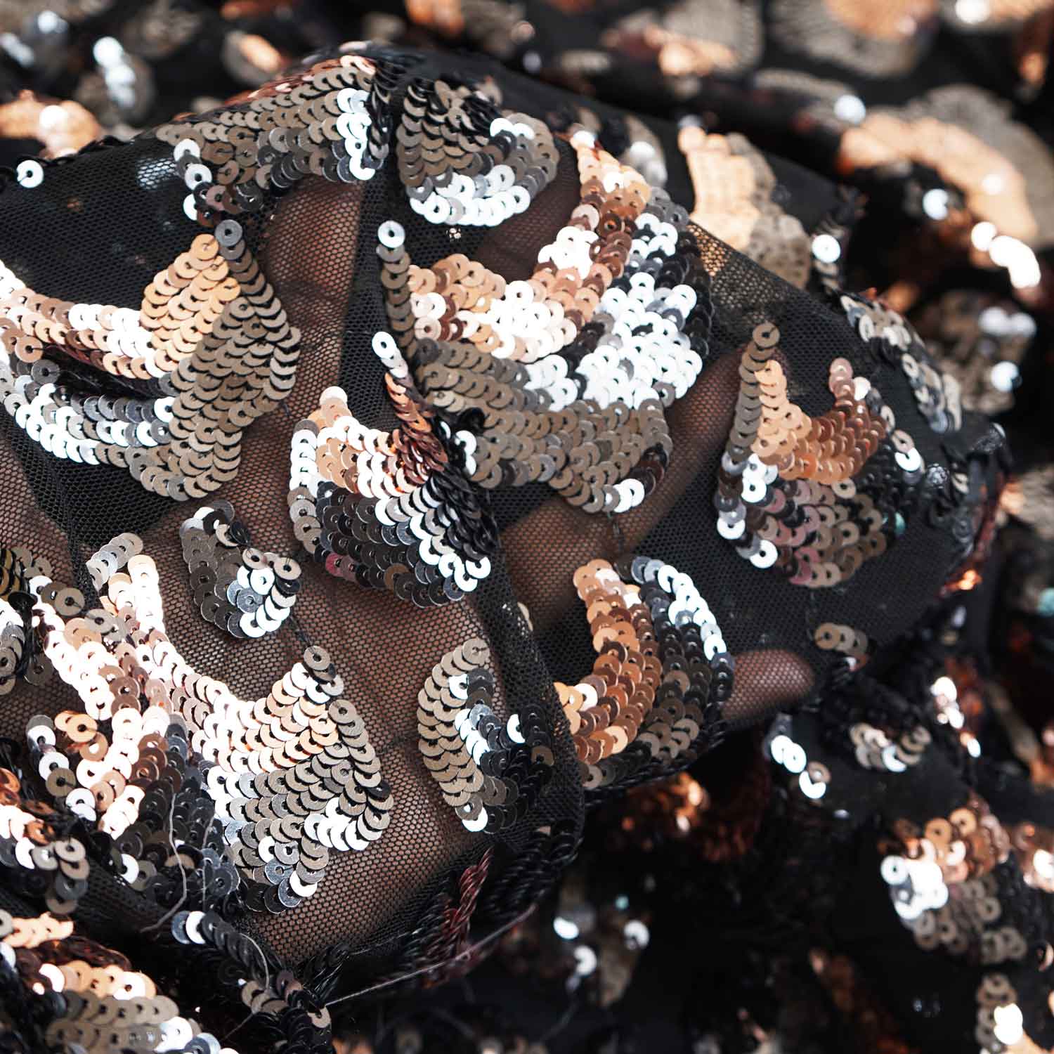Black & Peach Pink Imported Sequins Embroidery Net Fabric - TradeUNO
