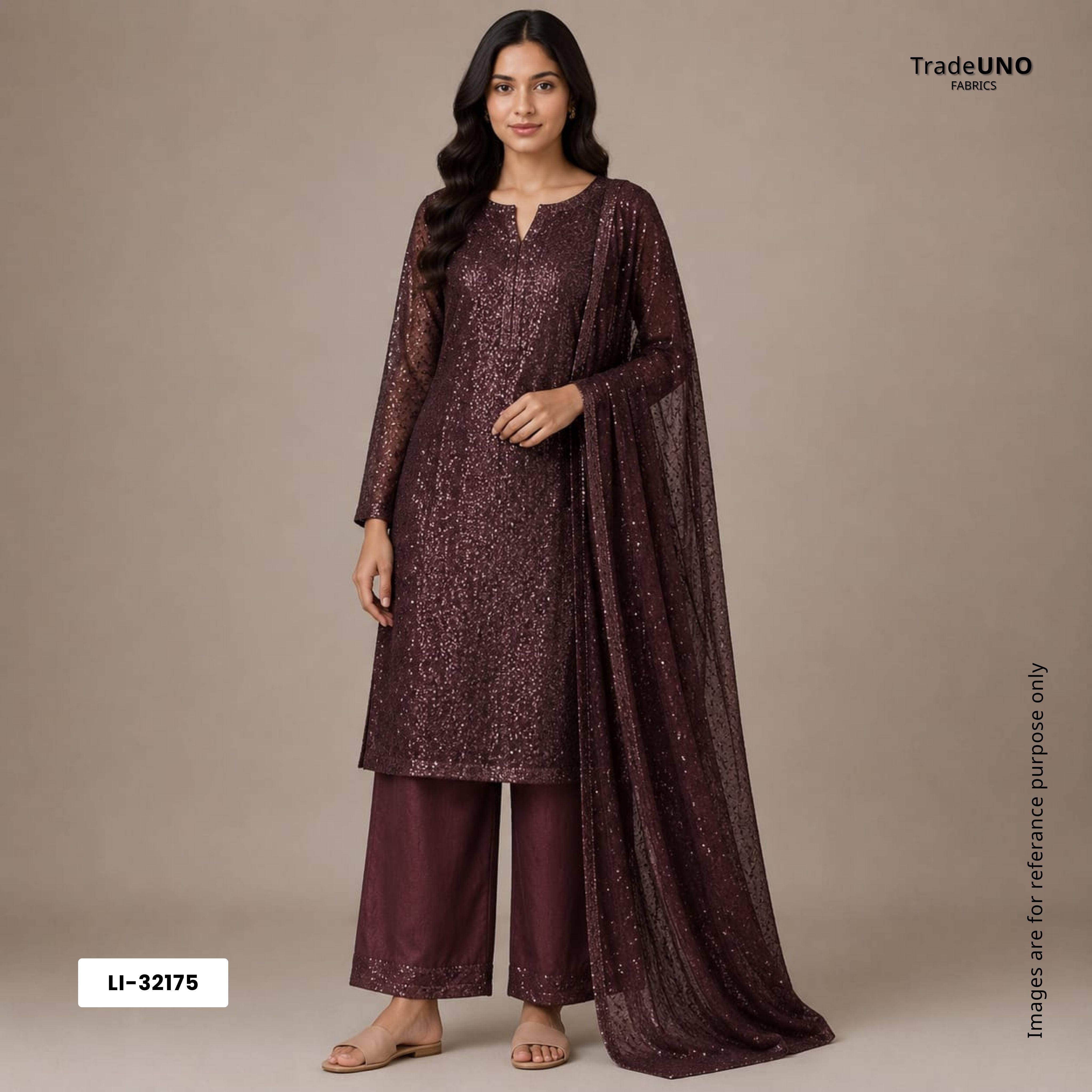 Dark Maroon Sequins Embroidery Net Fabric LI-32175 - TradeUNO