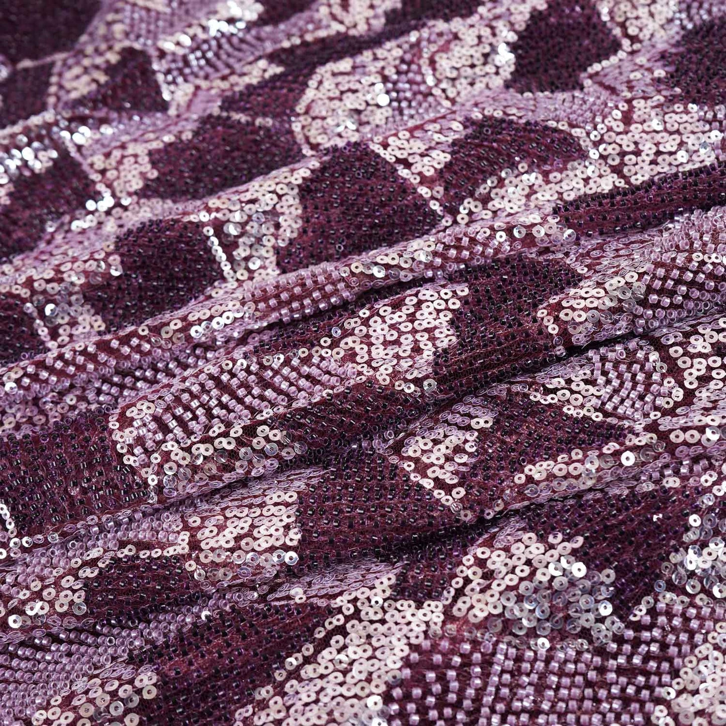 Maroon & Silver Beads Imported Sequins Embroidery Net Fabric