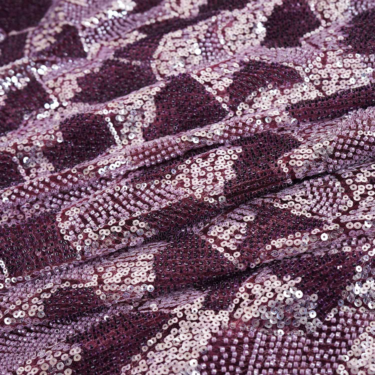Maroon & Silver Beads Imported Sequins Embroidery Net Fabric - TradeUNO