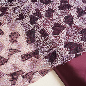 Maroon & Silver Beads Imported Sequins Embroidery Net Fabric - TradeUNO