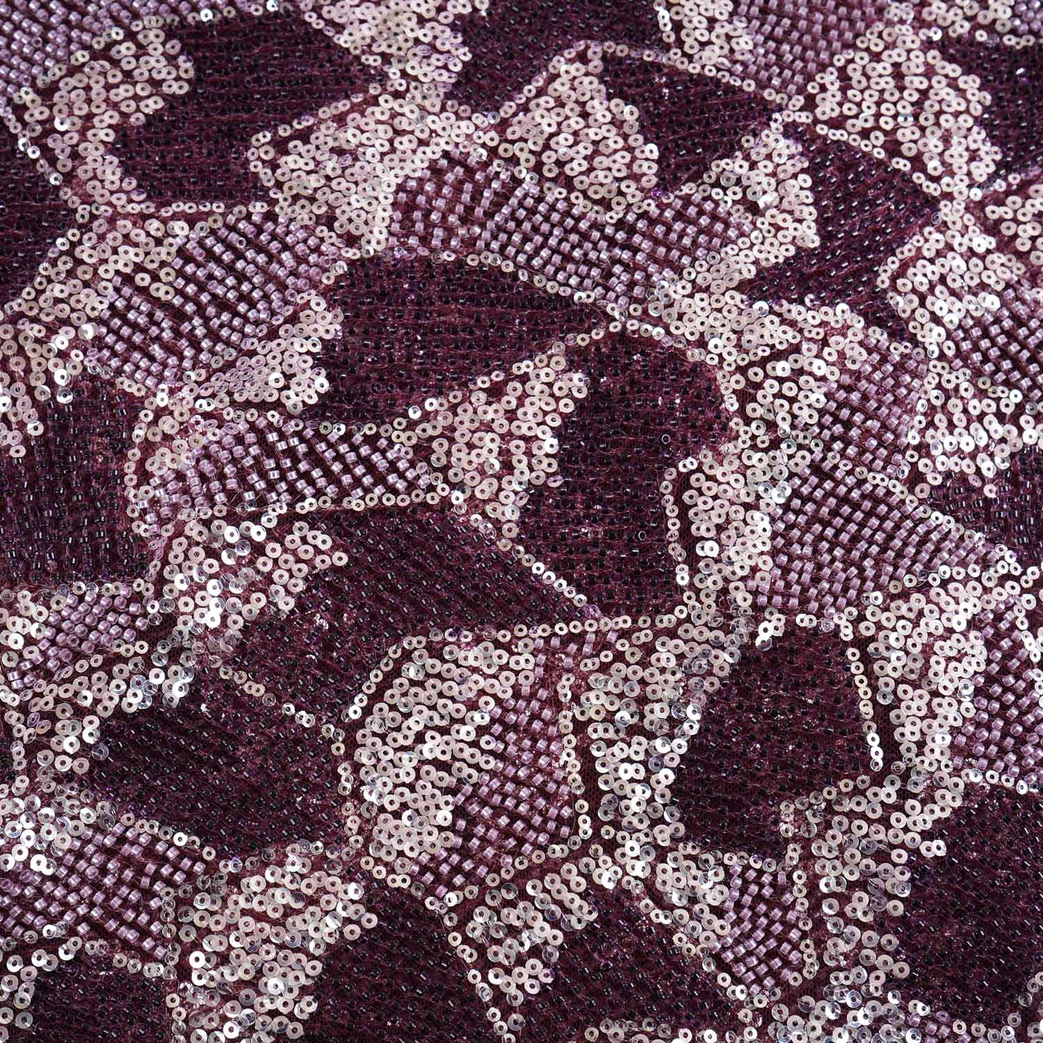 Maroon & Silver Beads Imported Sequins Embroidery Net Fabric - TradeUNO