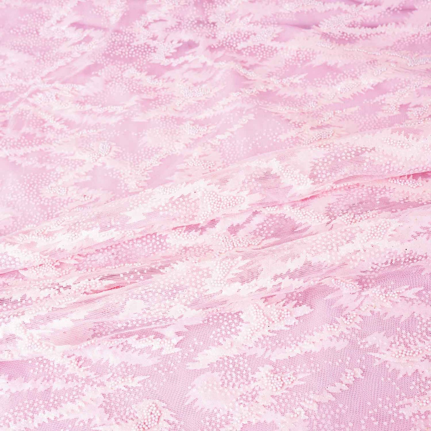 Pink Beads Imported Shimmer Embroidery Net Fabric