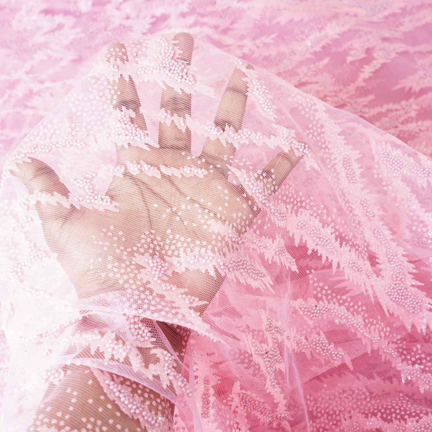 Pink Beads Imported Shimmer Embroidery Net Fabric - TradeUNO