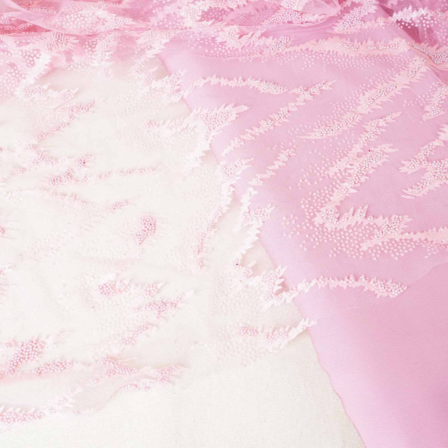 Pink Beads Imported Shimmer Embroidery Net Fabric - TradeUNO