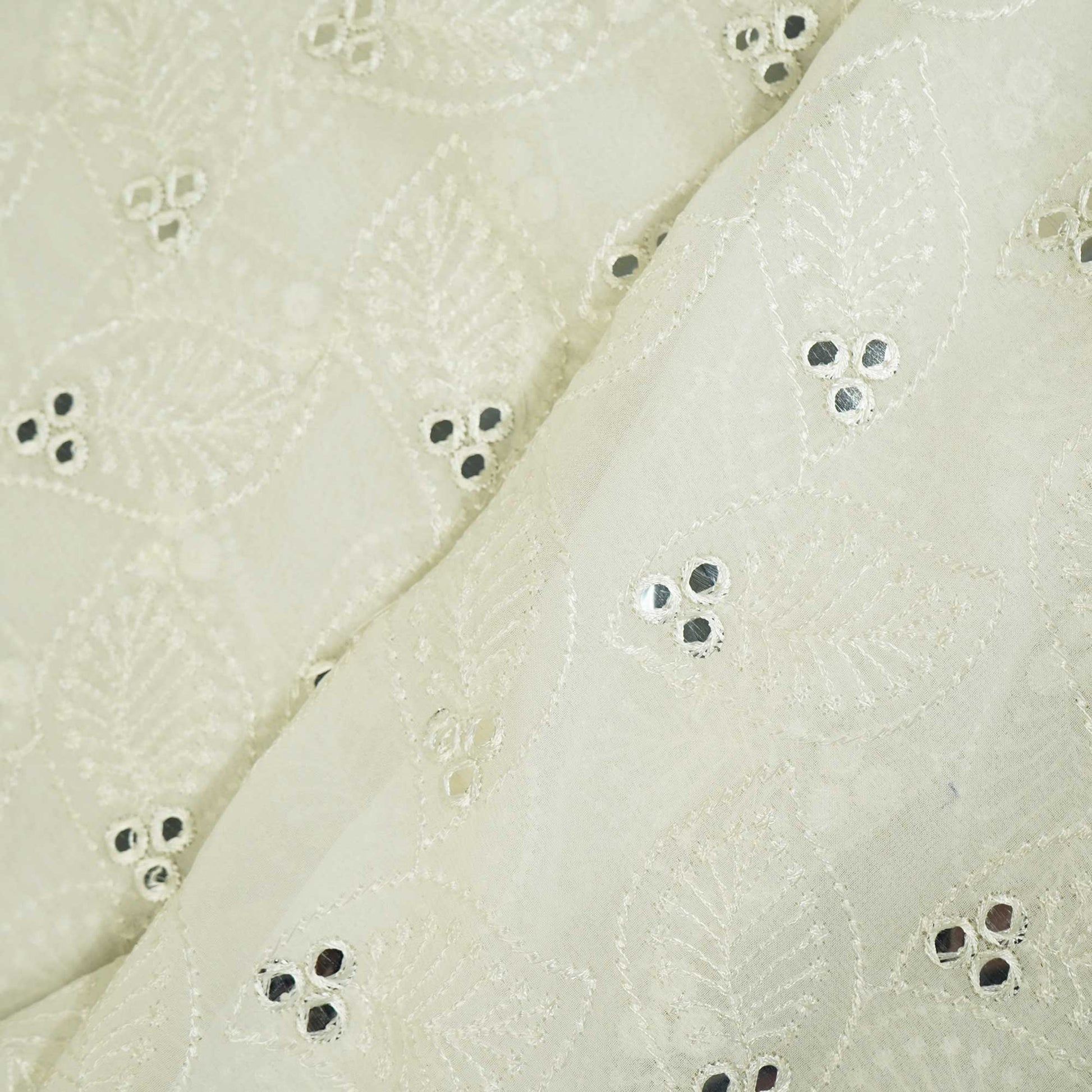 White Geometrical With Mirror Work Embroidery Georgette TF-12547
