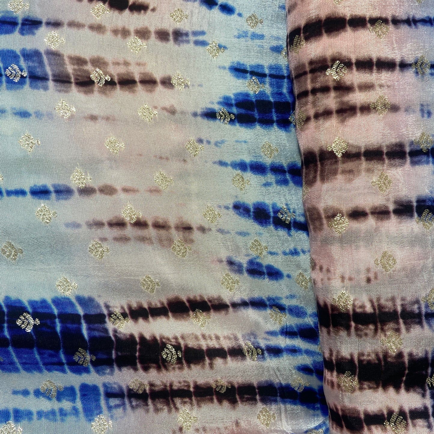 Blue & Peach Pink Shibhori Print Russian Jacquard Fabric
