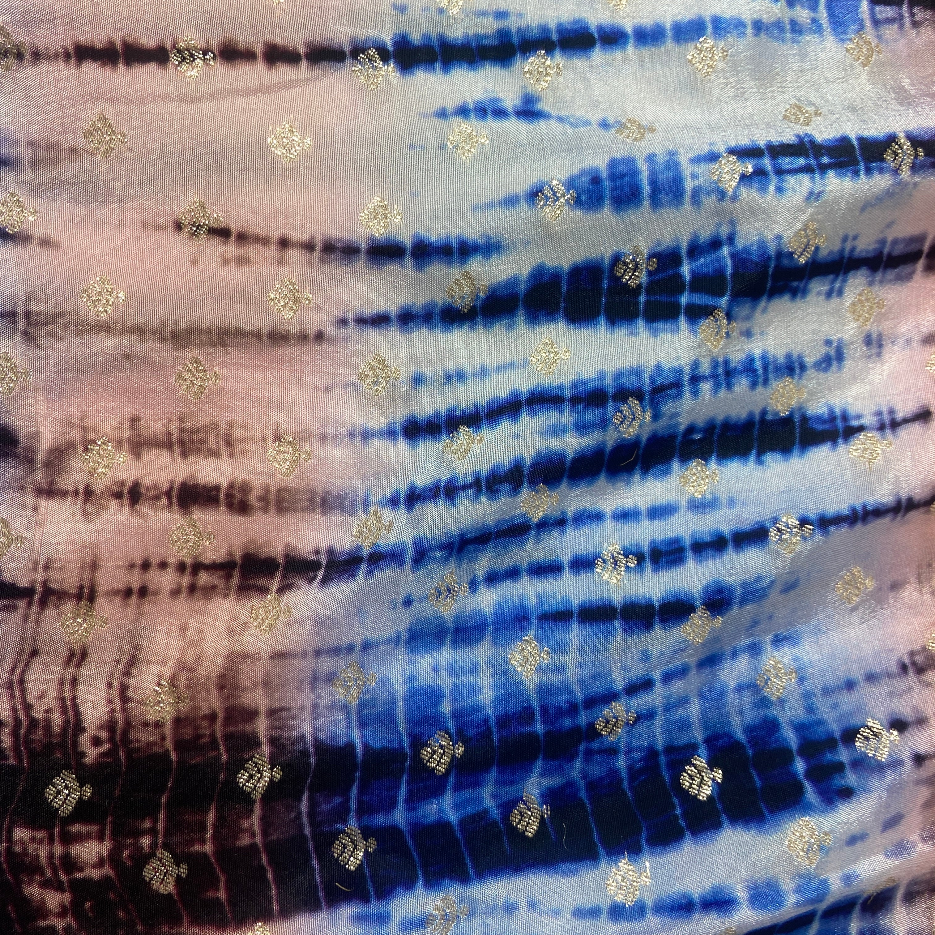 Blue & Peach Pink Shibhori Print Russian Jacquard Fabric