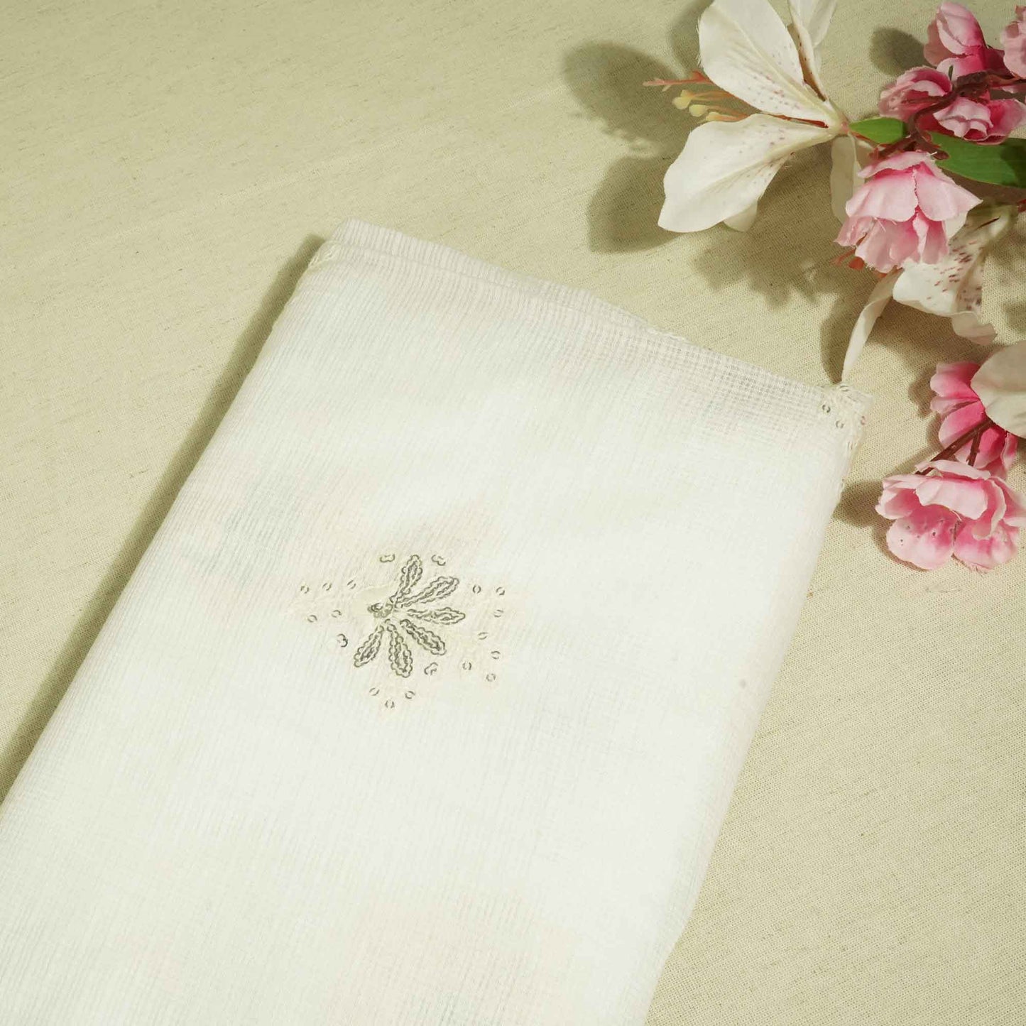 White Floral Sequence Embroidery Dyeable Organza Kotta MS-12977
