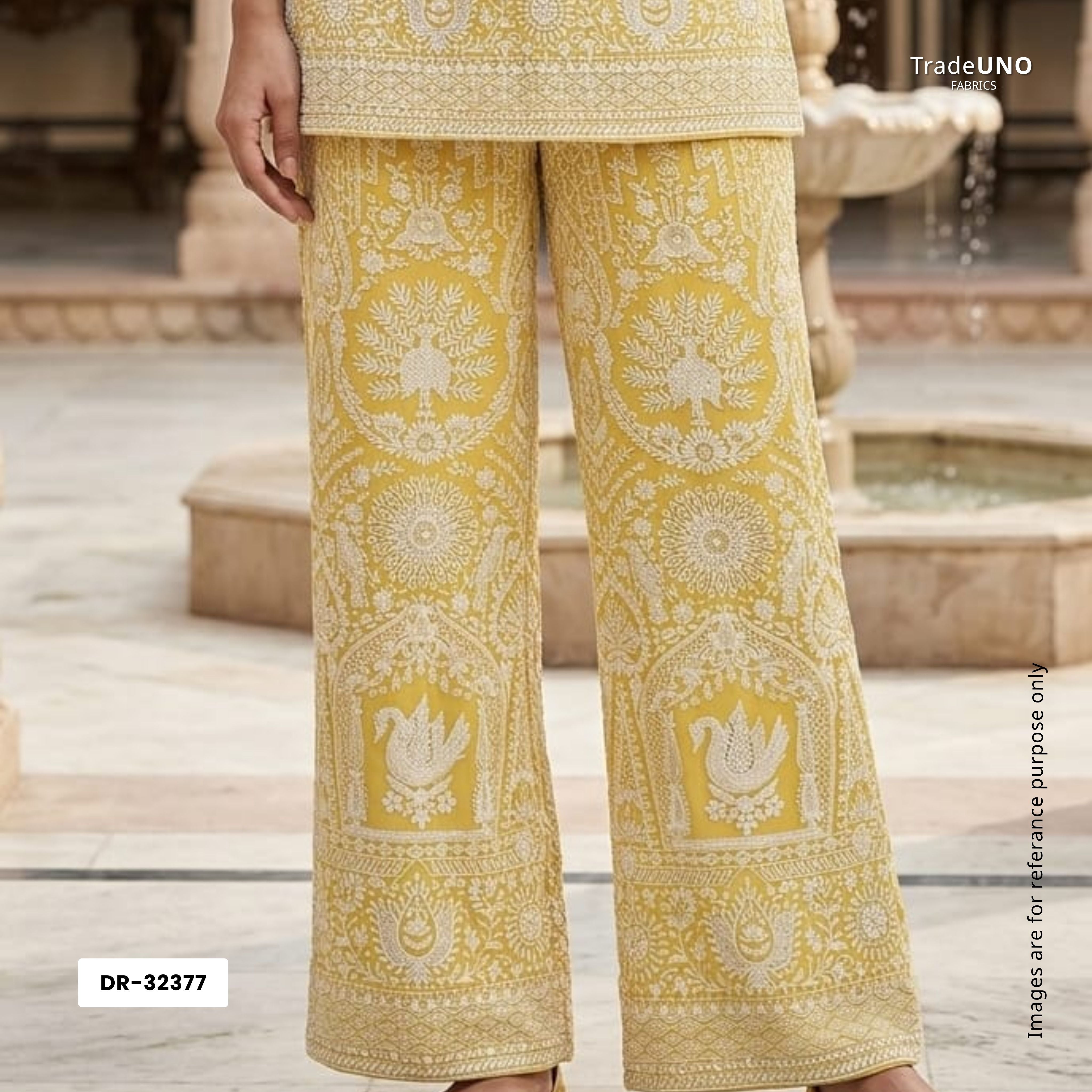 Yellow Parsi Gara Embroidery Georgette Fabric DR-32377 - TradeUNO