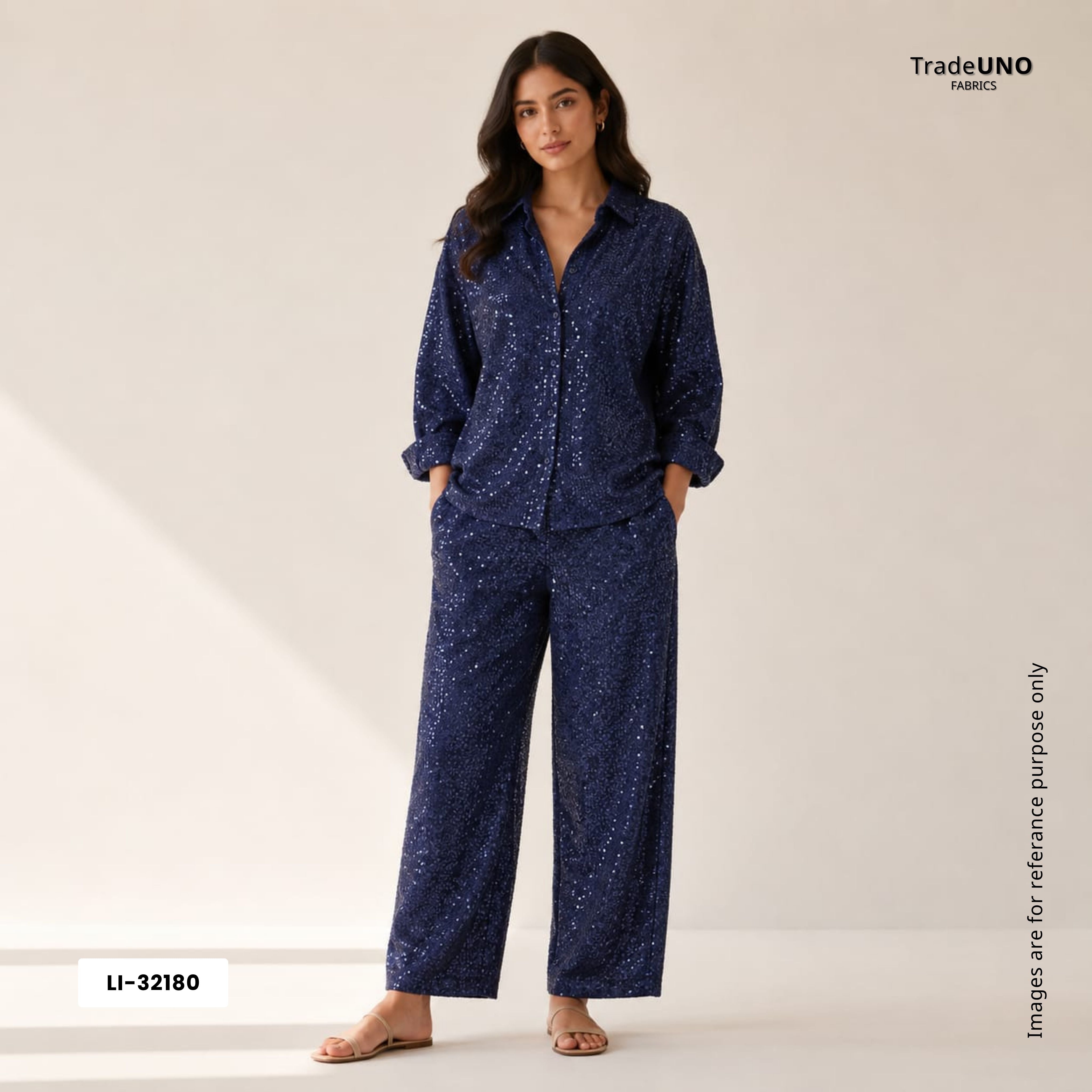 Navy Blue Sequins Embroidery Net Fabric LI-32180 - TradeUNO