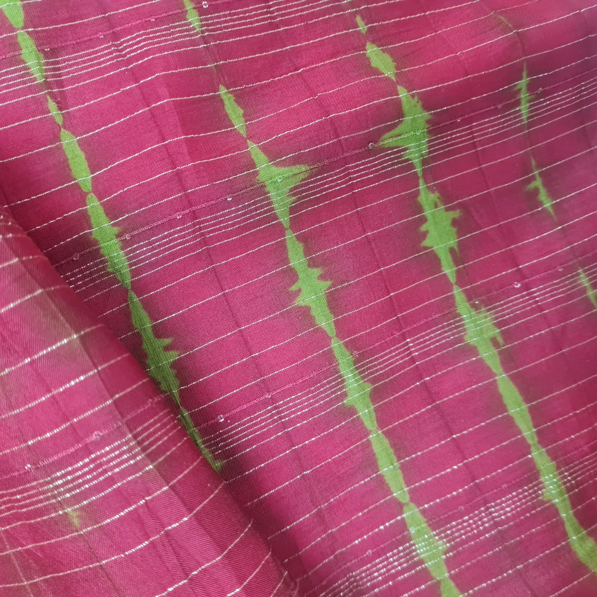 Red & Dark Green Shibhori With Lurex Silk Fabric