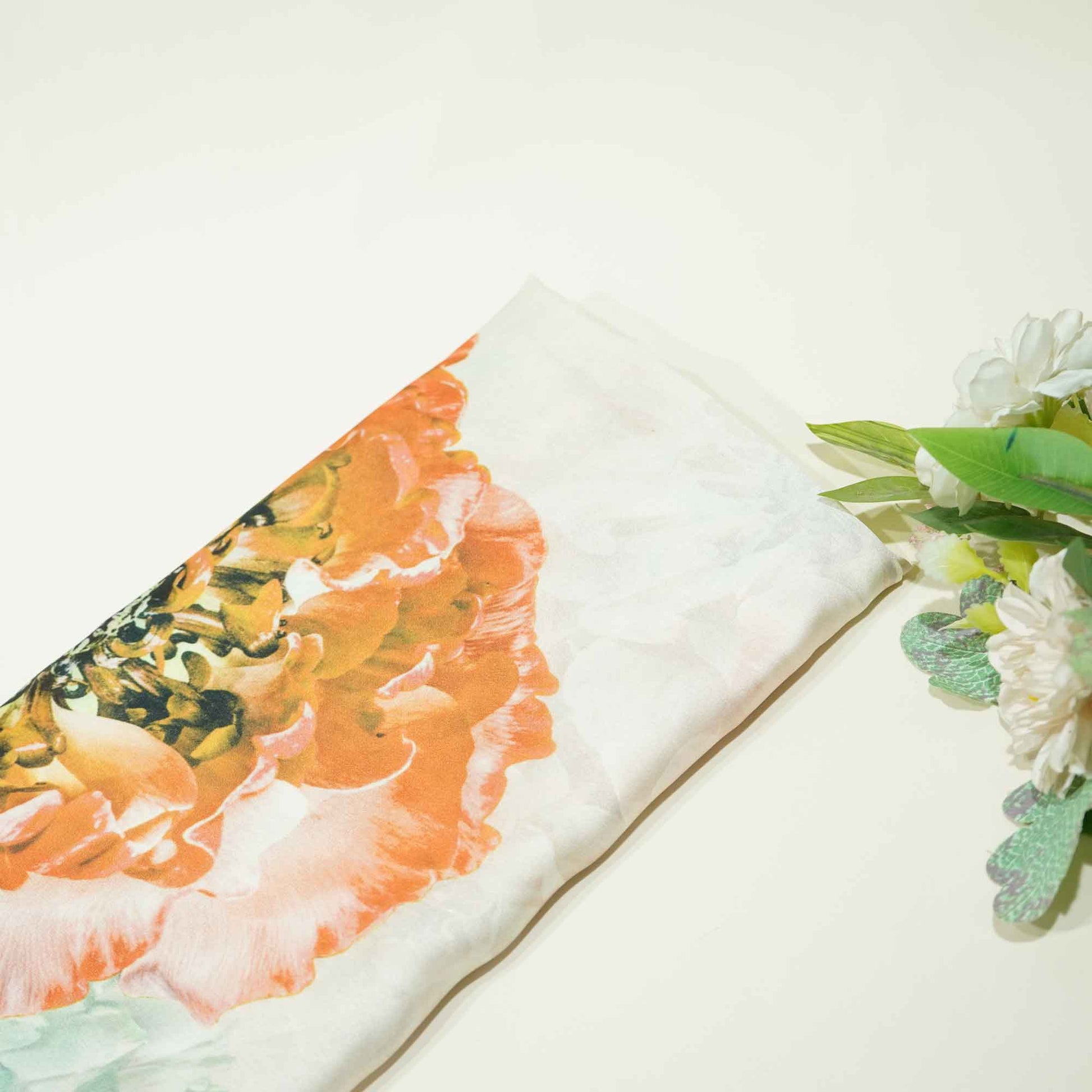 Orange Green Floral Print Georgette Satin GF-13669