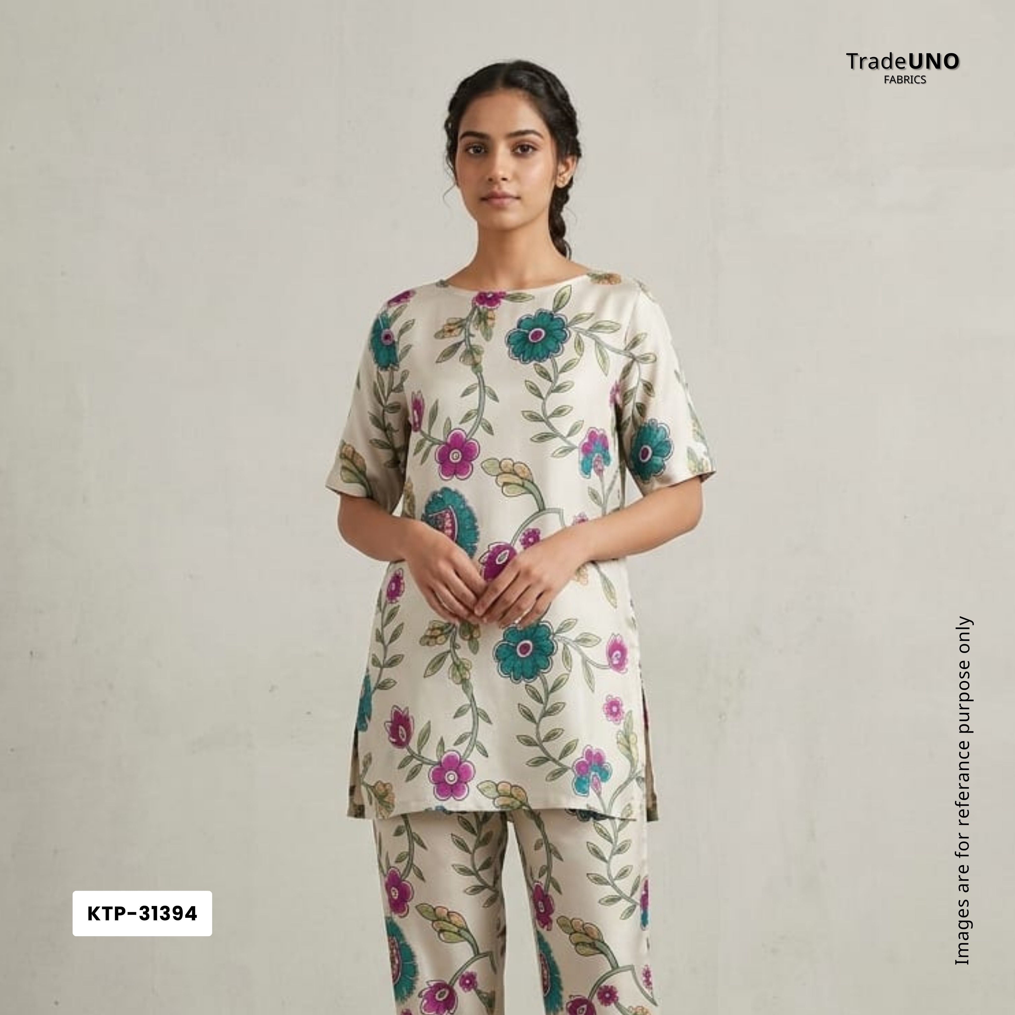 Ivory Mughal floral print Bemberg Modal Silk Fabric KTP-31394 - TradeUNO