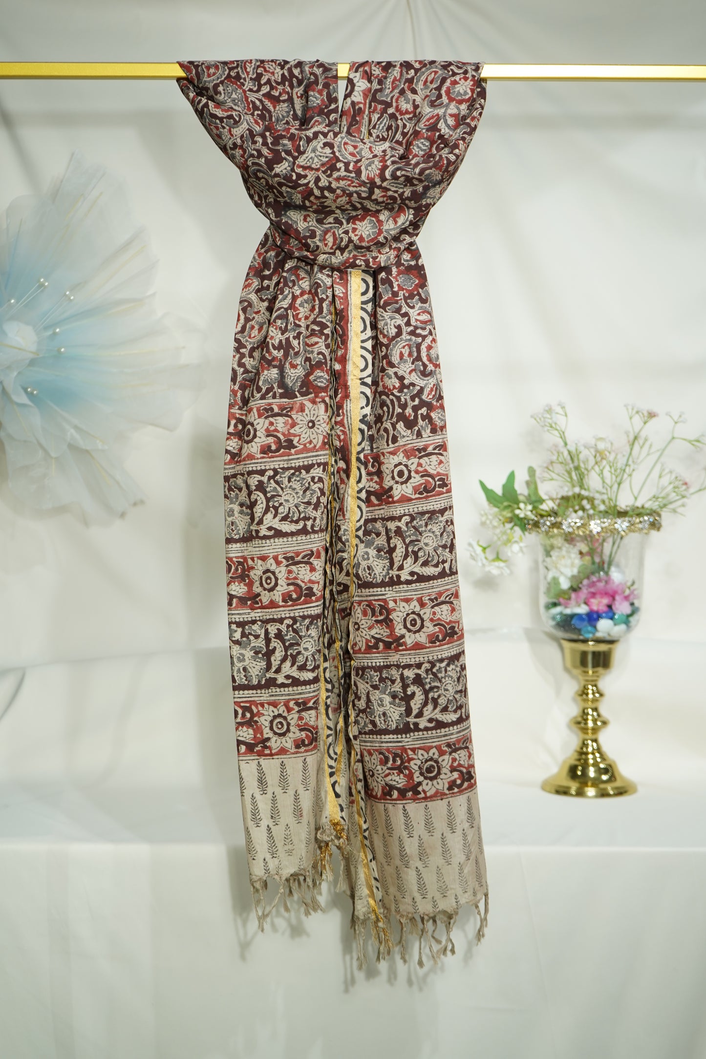 Premium Red and Maroon Kalamkari Prints Dupatta Silk Fabric