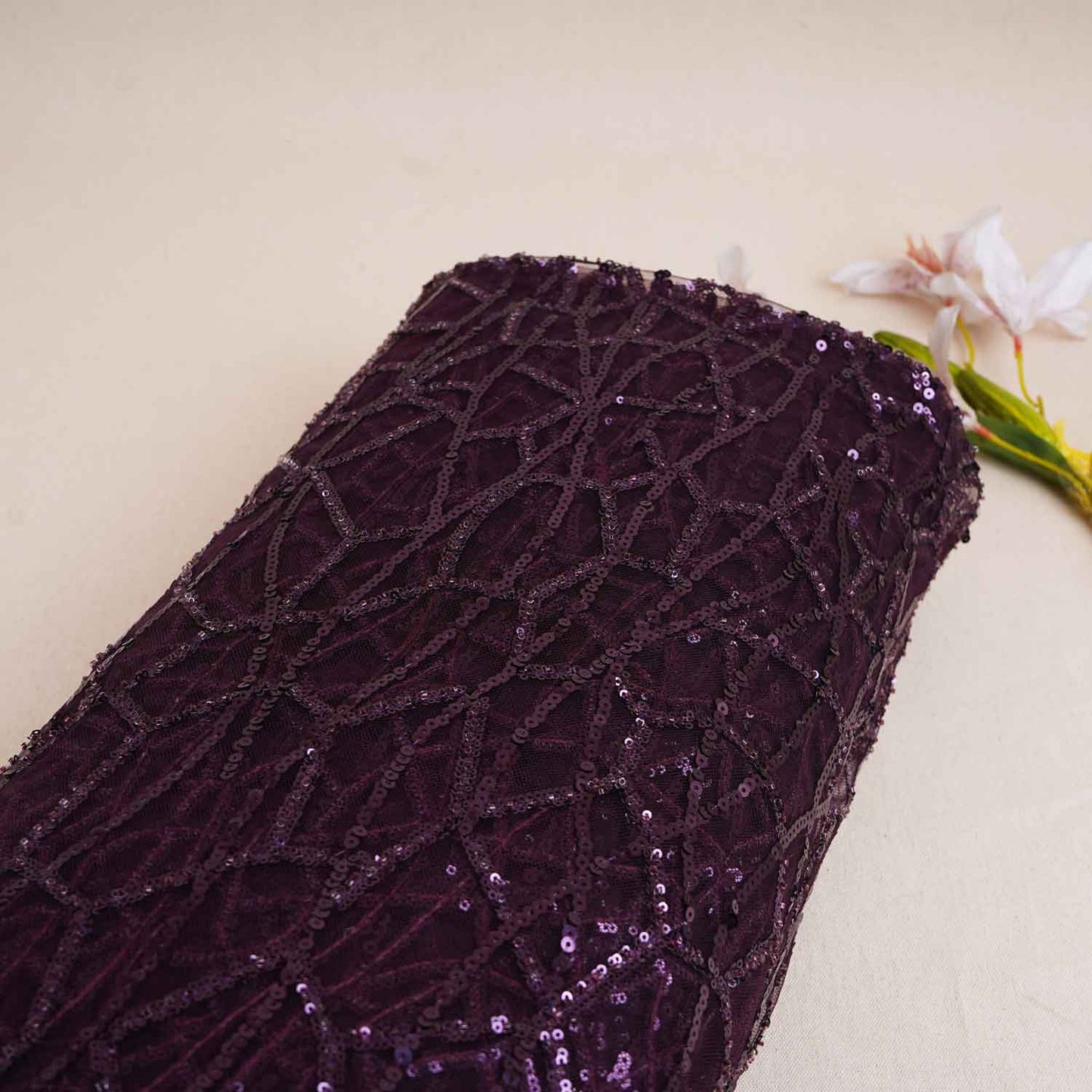 Classic Purple Geometrical Sequins Embroidery Net Fabric