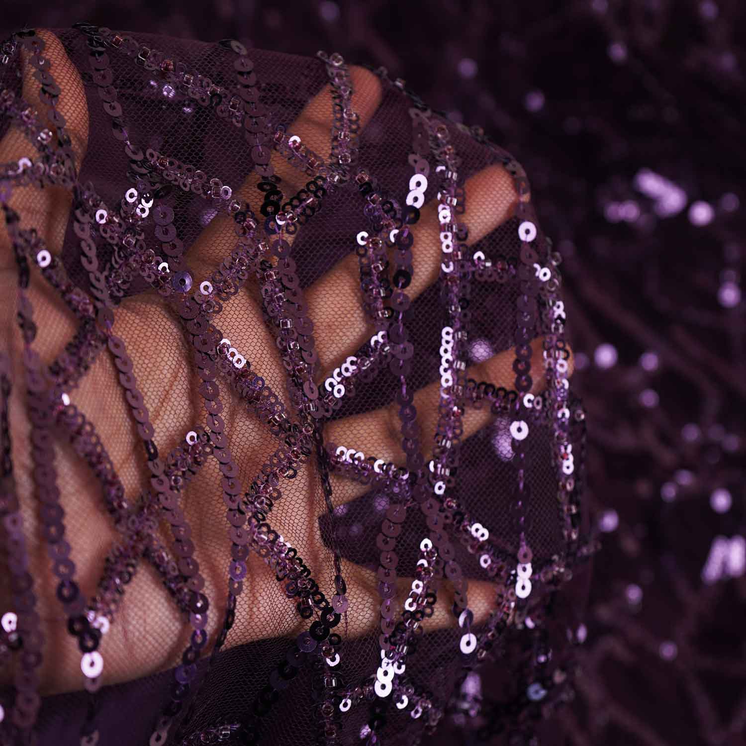 Classic Purple Geometrical Sequins Embroidery Net Fabric - TradeUNO