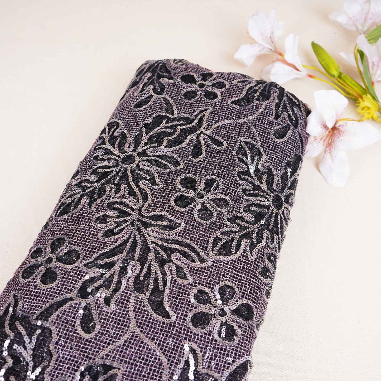 Classic Purple Floral Sequins Embroidery Net Fabric 14230