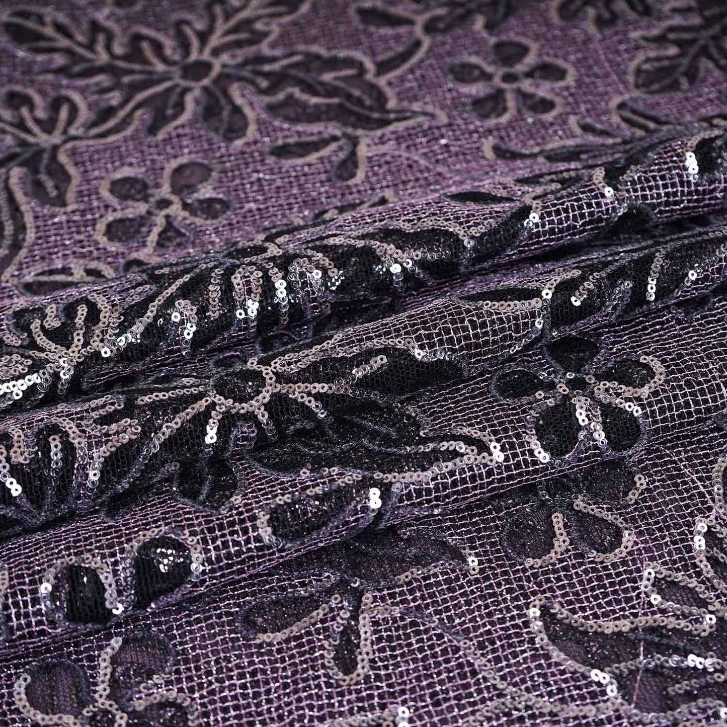 Classic Purple Floral Sequins Embroidery Net Fabric 14230