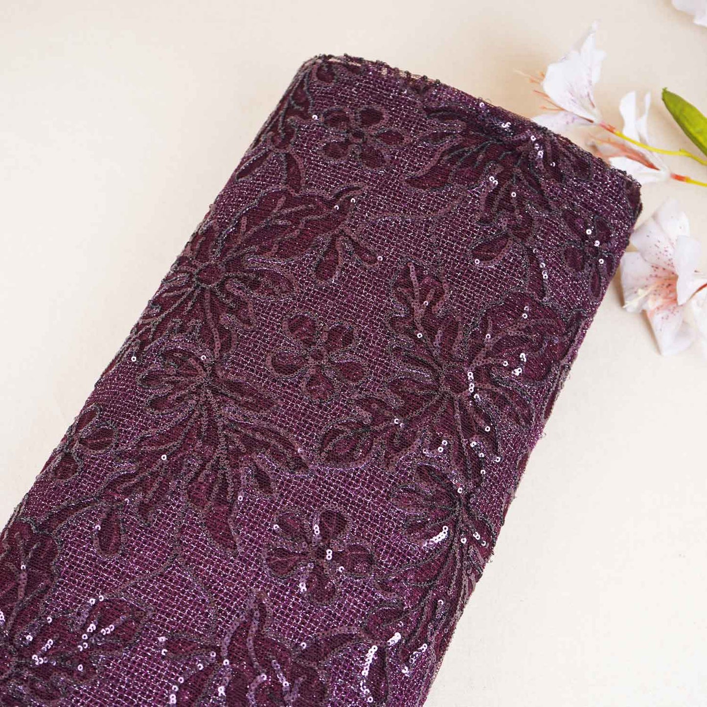 Classic Wine Floral Sequins Embroidery Net Fabric 14232