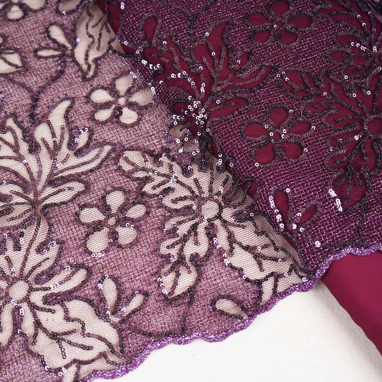 Classic Wine Floral Sequins Embroidery Net Fabric 14232 - TradeUNO