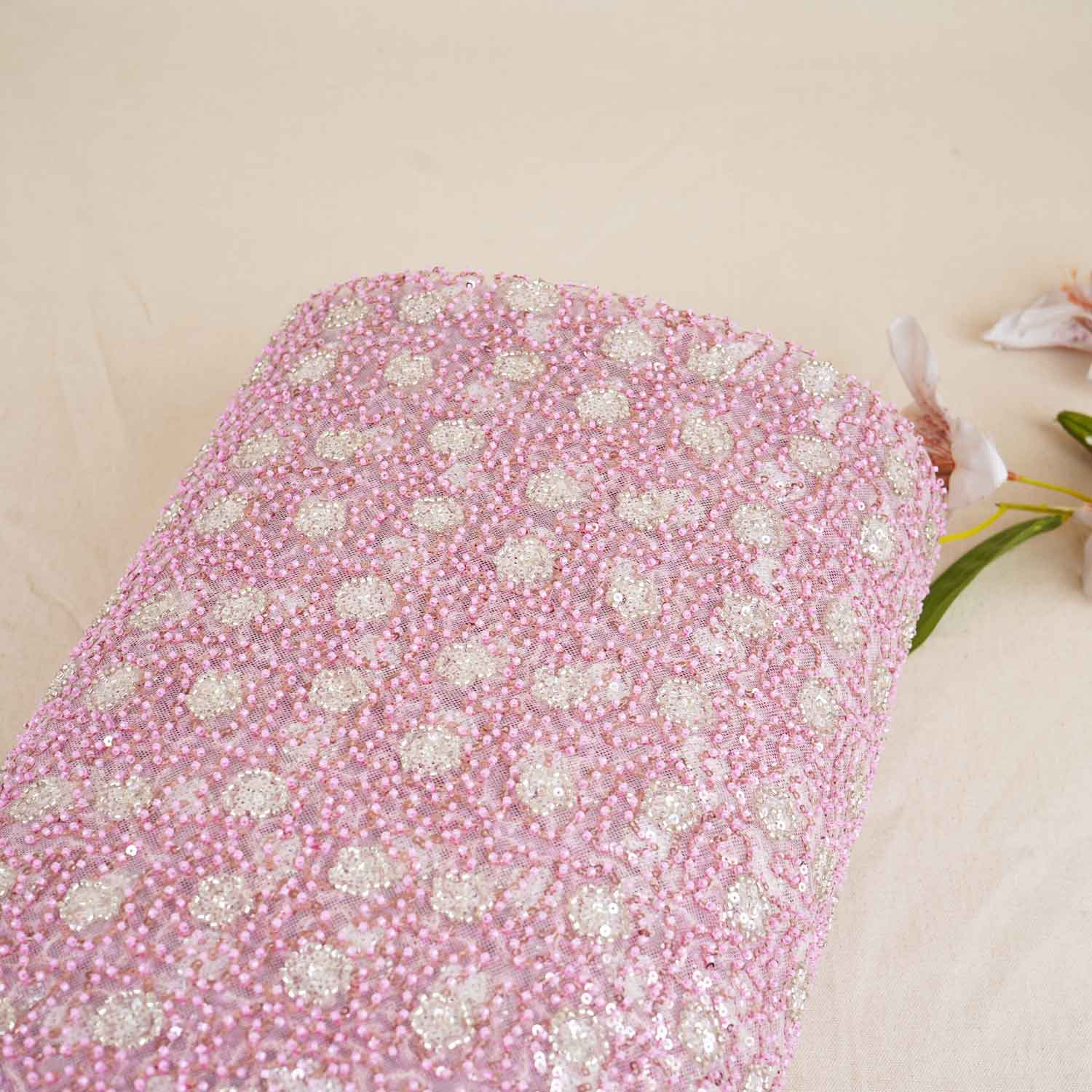 Classic Pink Silver Pearl Sequence Embroidery Net Fabric - TradeUNO