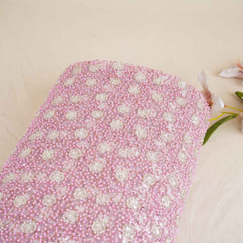 Classic Pink Silver Pearl Sequence Embroidery Net Fabric