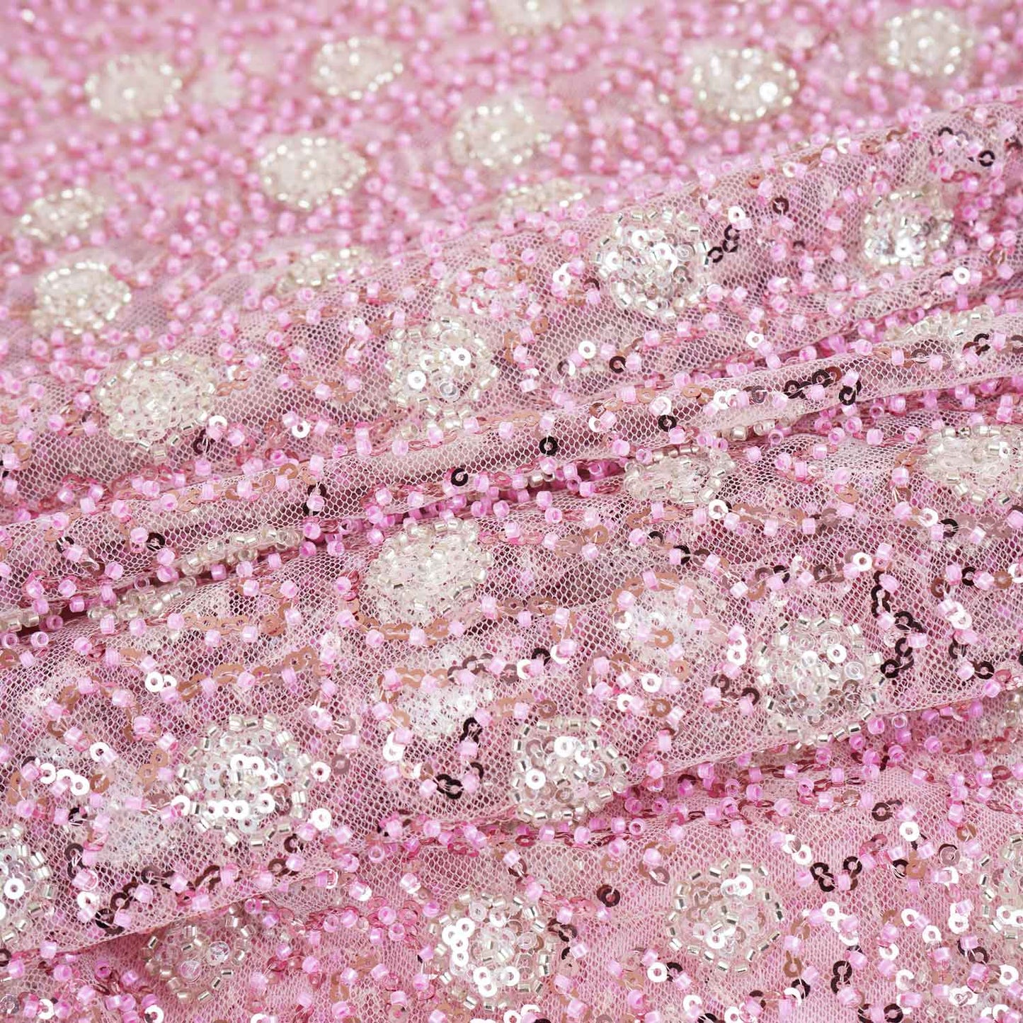 Classic Pink Silver Pearl Sequence Embroidery Net Fabric